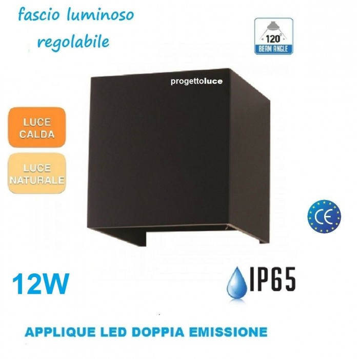 APPLIQUE LAMPADA PARETE LED CUBO 12W IP65 DOPPIA LUCE REGOLABILE V-TAC