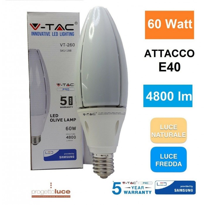 V-TAC VT-260 PRO LAMPADA LED BULB E40 60W ALTA POTENZA OLIVE LAMP