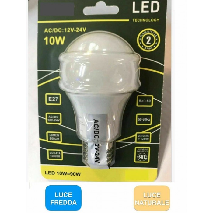 LAMPADINA A LED 12V 12 VOLT 12/24 V LUCE NATURALE ATTACCO GRANDE E27 10W =  70W