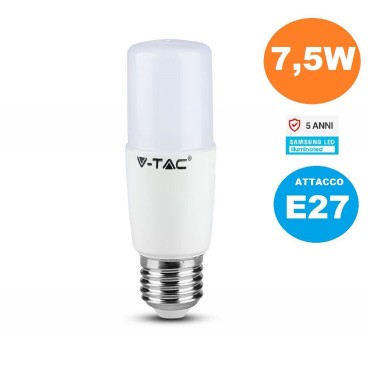 V-TAC VT-237 LAMPADINA LED E27 7.5W BULB T37 TUBOLARE SMD CHIP SAMSUNG 660lm