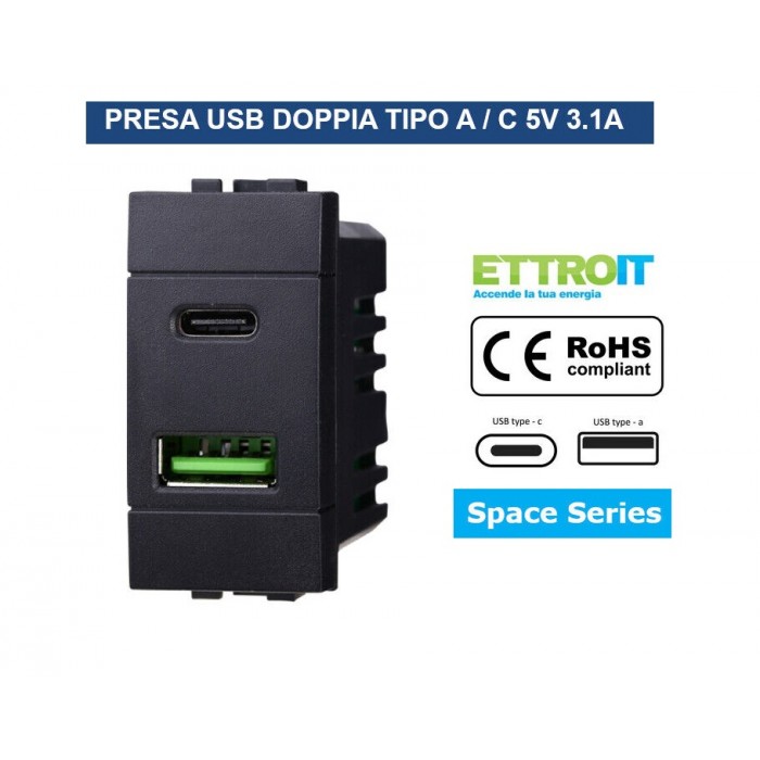 PRESA USB CON CONNETTORE TIPO C E TIPO A 3.1A PER BTICINO LIVING