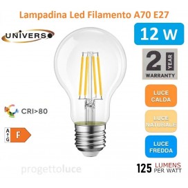 LAMPADINA LED E27 12W BULB A70 FILAMENTO 360° 1500 LM 3000K 4000K 6500K UNIVERSO