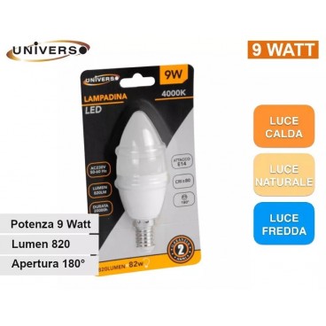 LAMPADINA LED E14 9W A CANDELA C37 820 LUMEN OLIVA CALDA NATURALE e FREDDA